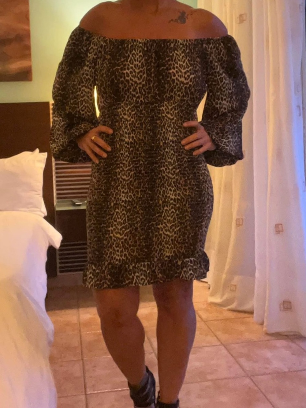 Off-Shoulder Leopard Print Mini Dress in Brown